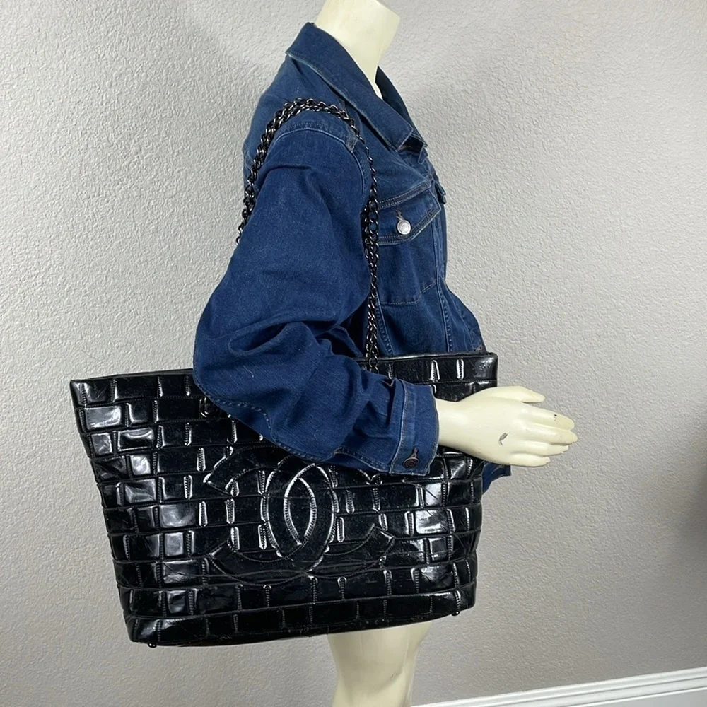 Chanel Brick Chocolate Bar Quilted Frozen Tote Bag Large Black Vinyl Chain Strap